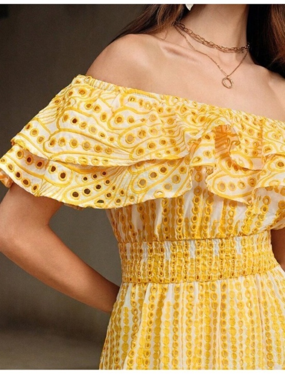 Yellow Eyelet Midi ruffle Dress